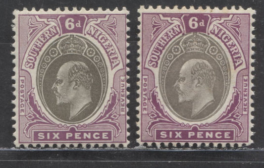 Lot 85 Southern Nigeria SC#26a 6d Purple & Gray/Deep Gray On Chalky Paper 1904-1909 King Edward VII Issue, Multiple Crown CA Wmk, 2 VFOG Single, Click on Listing to See ALL Pictures, 2022 Scott Classic Cat. $36 USD