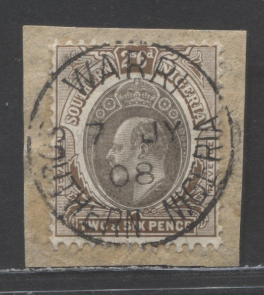 Lot 87 Southern Nigeria SC#28a 2/6d Brown/Gray 1904-1909 King Edward VII Issue, Proud Type D5, Warri CDS, July 7, 1908, Multiple Crown CA Wmk, A F/VF Used Single, Click on Listing to See ALL Pictures, 2022 Scott Classic Cat. $65 USD