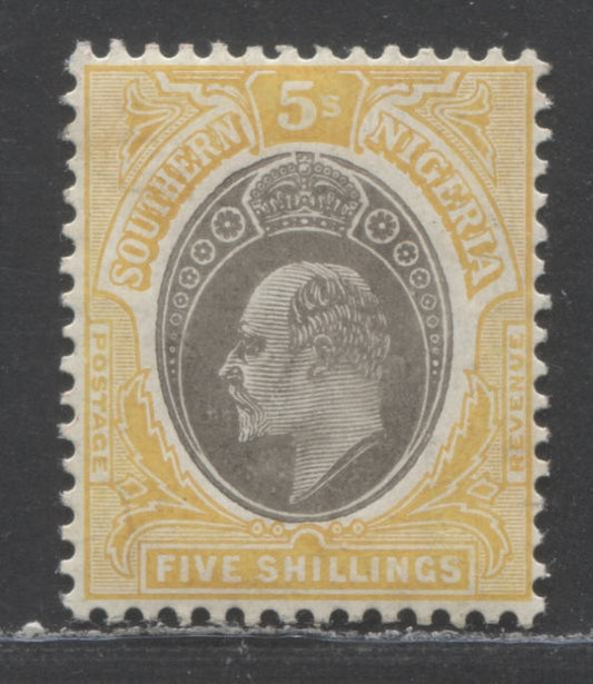 Lot 88 Southern Nigeria SC#29 5/- Orange Yellow/Gray 1904-1909 King Edward VII Issue, Multiple Crown CA Wmk, A VFOG Single, Click on Listing to See ALL Pictures, 2022 Scott Classic Cat. $62.5 USD