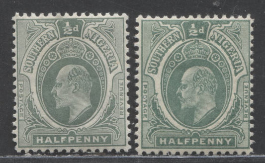 Lot 89 Southern Nigeria SC#32var 1/2d Dull Green/Blue Green 1907-1910 Universal Color Edward VII Keyplate Issue, Head A (Common Type Is Head B), Multiple Crown CA Wmk, 2 VFOG/NH Singles, 2022 Scott Classic Cat. $51 USD