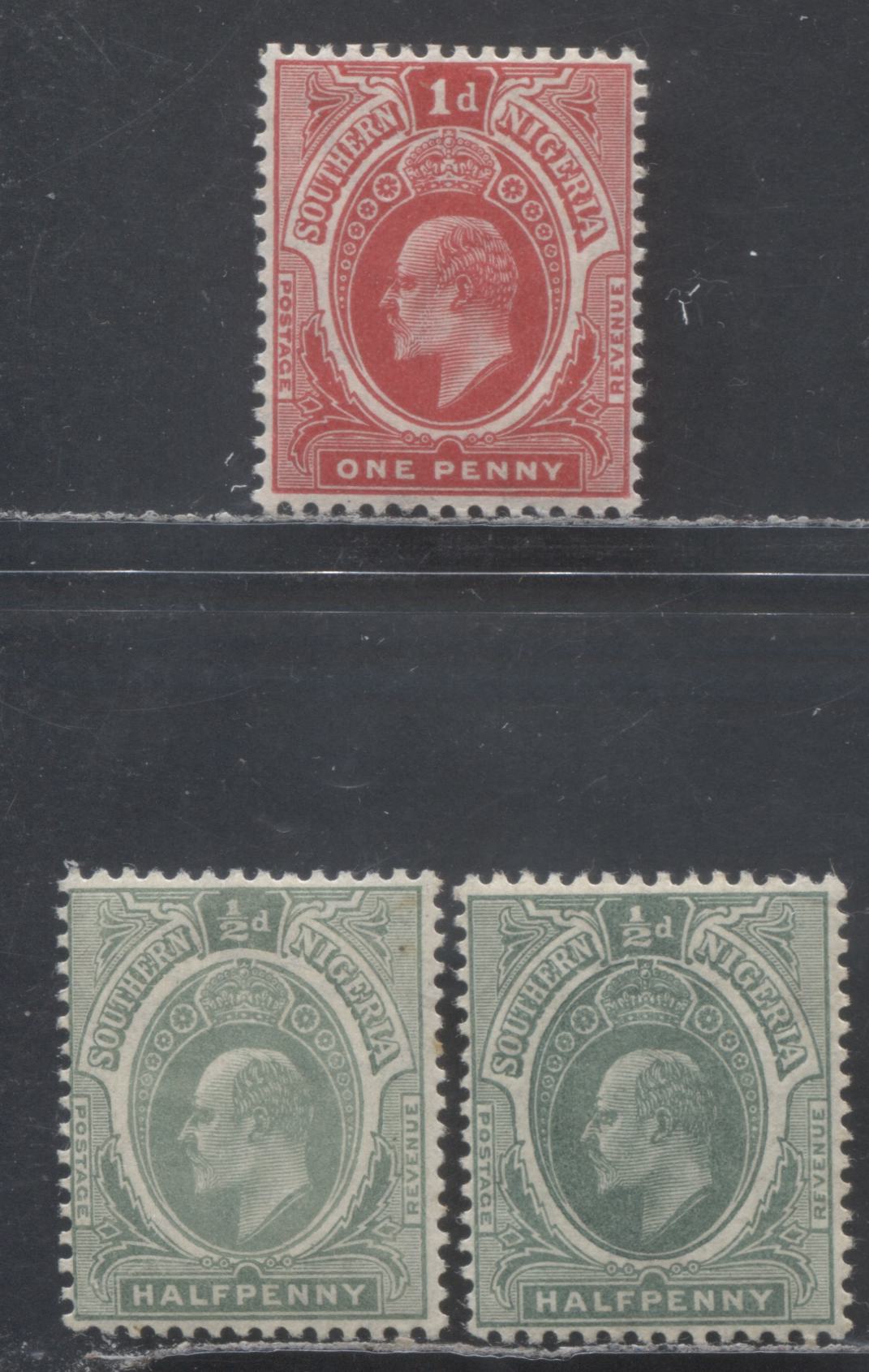 Lot 90 Southern Nigeria SC#32/44 1907-1910 Universal Color Edward VII Keyplate Issue, 1/2d Dull Green/Bluish Green, 1d Red, Head B & Redrawn 1d, Multiple Crown CA Wmk, 3 F/VFOG Singles, 2022 Scott Classic Cat. $5.6 USD