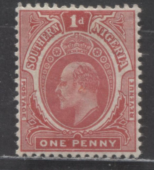 Lot 92 Southern Nigeria SC#33var 1d Carmine/Pale Carmine 1907-1910 Universal Color Edward VII Keyplate Issue, Head A, Multiple Crown CA Wmk, A VFOG Single, Click on Listing to See ALL Pictures, 2022 Scott Classic Cat. $28 USD