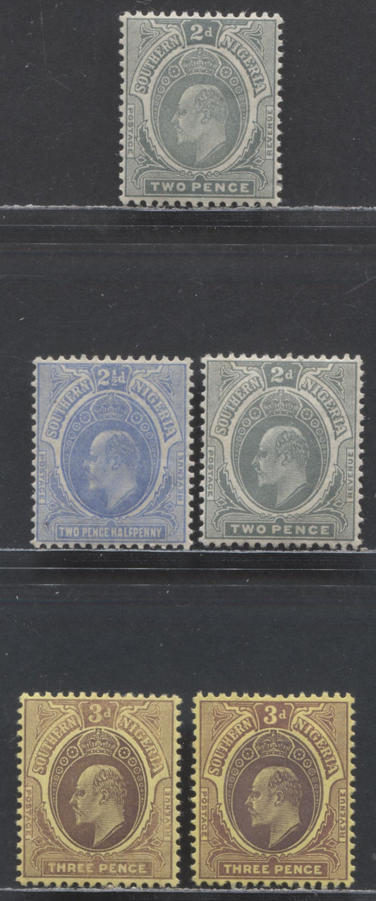 Lot 94 Southern Nigeria SC#34-36 1907-1910 Universal Color Edward VII Keyplate Issue, Different Printings, Multiple Crown CA Wmk, 5 VFOG Singles, Click on Listing to See ALL Pictures, 2022 Scott Classic Cat. $18.5 USD