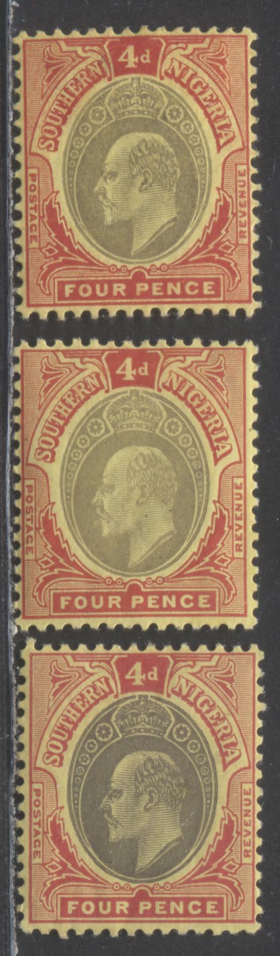 Lot 95 Southern Nigeria SC#37 4d Scarlet/Pale Gray, Gray & Deep Gray On Yellow 1907-1910 Universal Color Edward VII Keyplate Issue, 3 Printings, Multiple Crown CA Wmk, 3 VFOG Singles, 2022 Scott Classic Cat. $7.5 USD