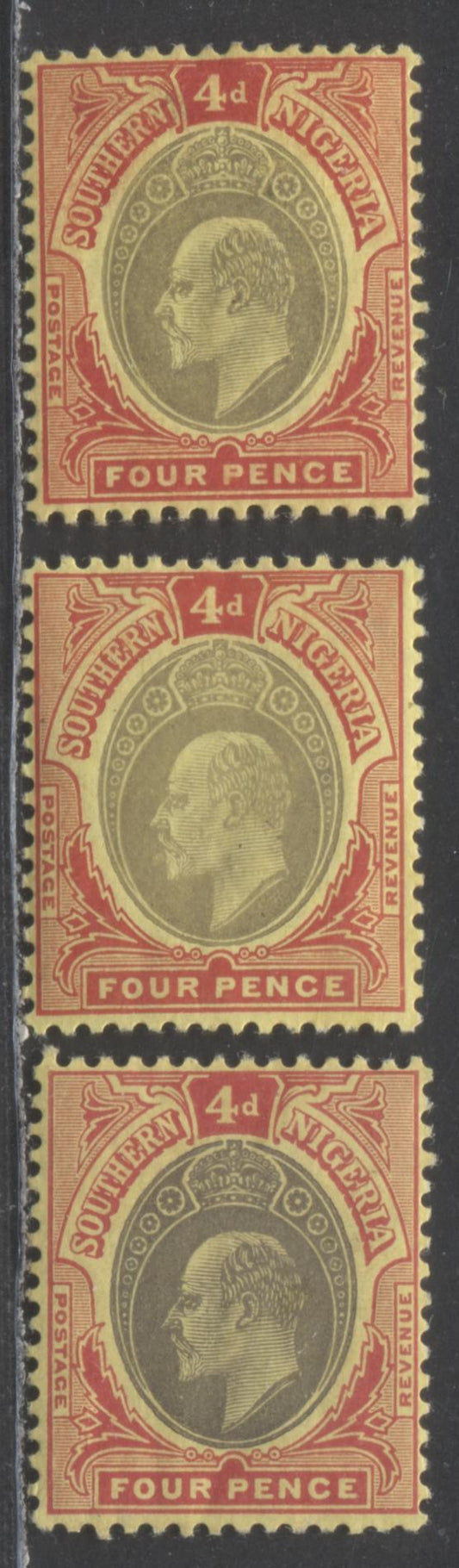 Lot 95 Southern Nigeria SC#37 4d Scarlet/Pale Gray, Gray & Deep Gray On Yellow 1907-1910 Universal Color Edward VII Keyplate Issue, 3 Printings, Multiple Crown CA Wmk, 3 VFOG Singles, 2022 Scott Classic Cat. $7.5 USD