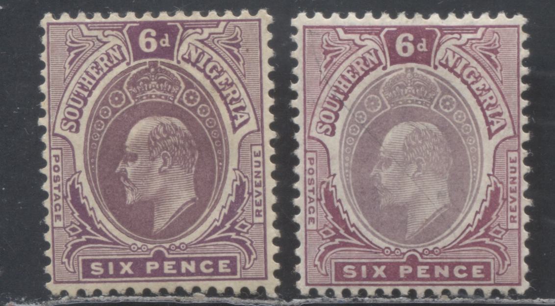 Lot 97 Southern Nigeria SC#38 6d Deep Purple/Slate Purple & Reddish Purple/Pale Dull Purple 1907-1910 Universal Color Edward VII Keyplate Issue, Two Different Printings From Lot #96, Multiple Crown CA Wmk, 2 VFOG Singles, 2022 Scott Classic Cat. $58 USD