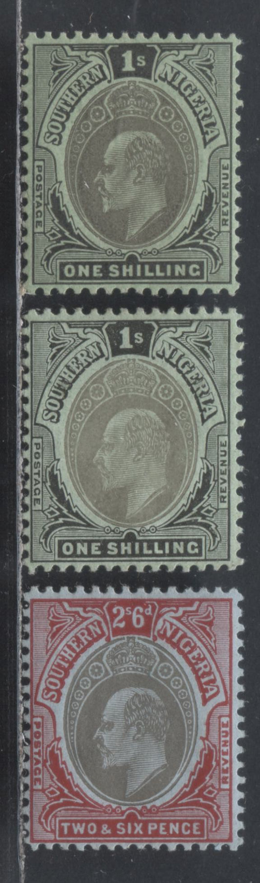 Lot 98 Southern Nigeria SC#39-40 1907-1910 Universal Color Edward VII Keyplate Issue, Multiple Crown CA Wmk, 3 F/VFOG Singles, Click on Listing to See ALL Pictures, 2022 Scott Classic Cat. $35 USD
