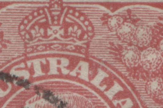 Lot 68 Australia SG#21cvar 1d Carmine Red 1914-1920 Engraved KGV Profile Head Issue, Die 1, Perf 14.25 x 14, Scratch Through Wattles & Crown, Single Crown Wmk, A Fine Used Single, Click on Listing to See ALL Pictures, Estimated Value $5 USD