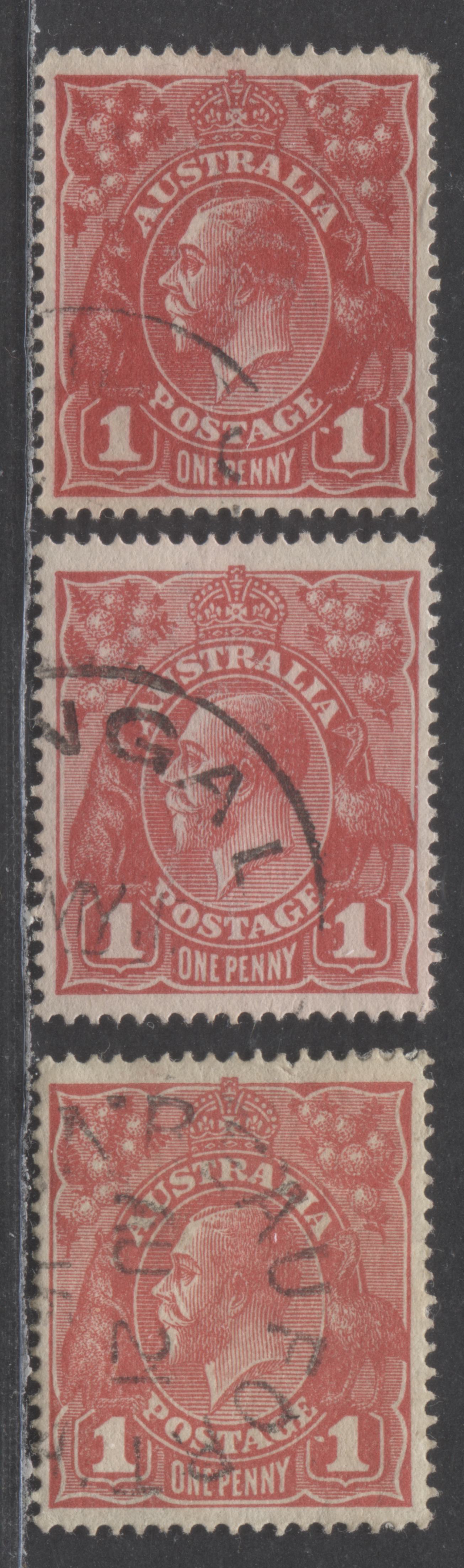 Lot 69 Australia SG#21cg 1d Rose Red, Pale Carmine Red & Carmine 1914-1920 Engraved KGV Profile Head Issue, With Dot Before Right 1, Single Crown Wmk, 3 Very Fine Used Singles, Click on Listing to See ALL Pictures, Estimated Value $35 USD