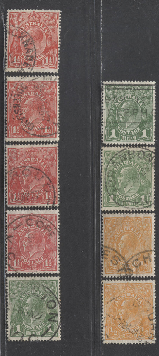 Lot 85 Australia SG#85-87a 1926-1930 KGV Profile Head Issue, Perf 14, With Unlisted Shade Variations, Small Multiple Crown Wmk, 9 Very Fine Used Singles, Click on Listing to See ALL Pictures, 2022 Scott Classic Cat. $28.75 USD