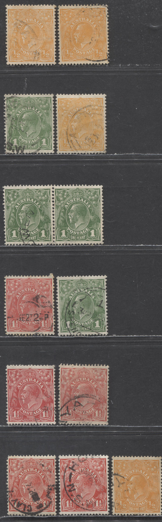 Lot 87 Australia SG#94-96a 1926-1930 KGV Profile Head Issue, Perf 14, Many Unlisted Shades, Selected For Centering, Small Multiple Crown Wmk, 12 Very Fine Used Singles, 2022 Scott Classic Cat. $20.75 USD