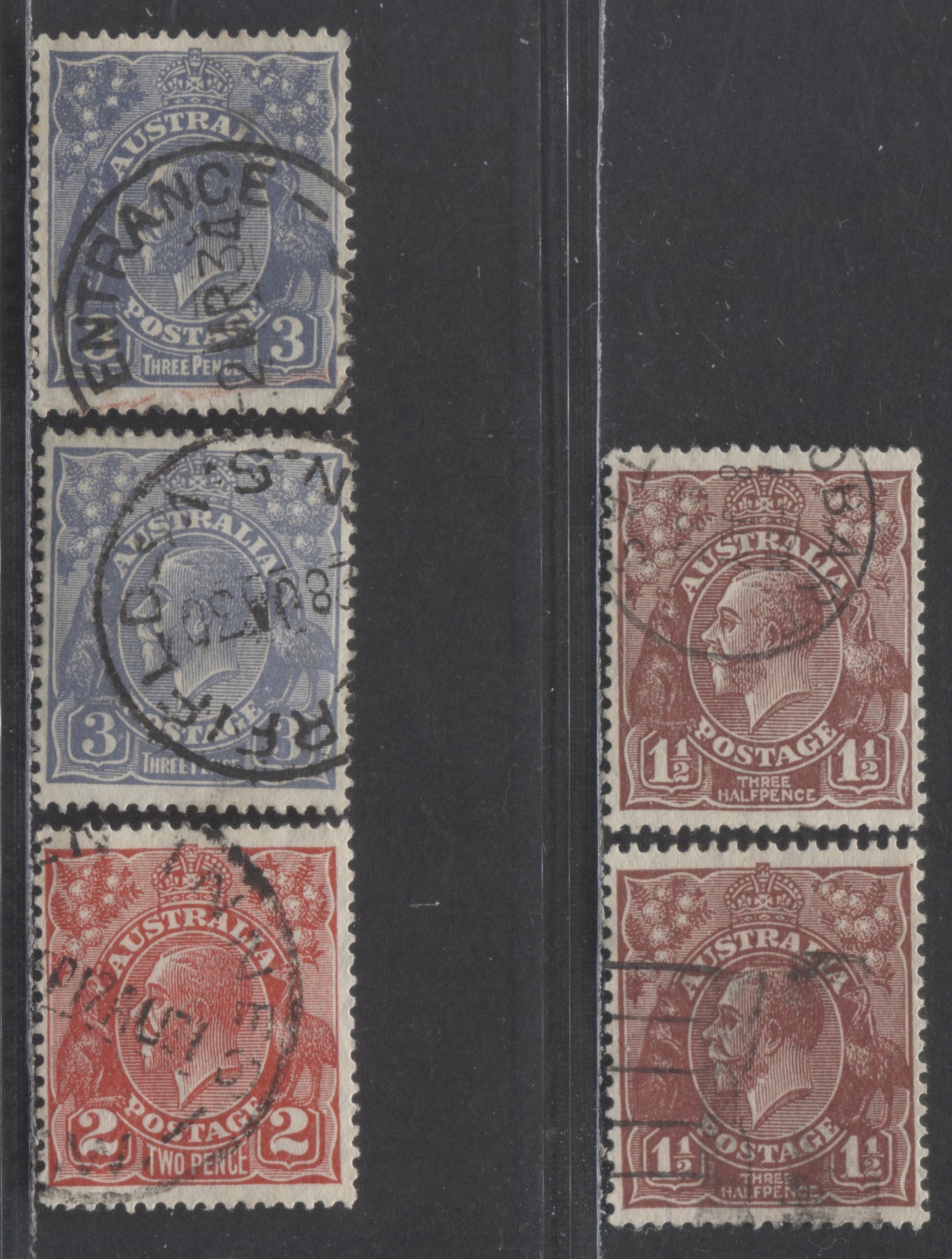 Lot 89 Australia SG#97/100b 1926-1930 KGV Profile Head Issue, Perf 13.5 x 12.5, Dies 1, 2 & 3, Extra Shade Of 1.5d, Small Multiple Crown Wmk, 5 Very Fine Used Singles, 2022 Scott Classic Cat. $36.9 USD