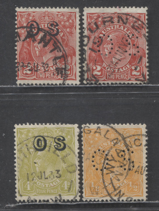 Lot 92 Australia SG#O97/O126 1926-1933 KGV Profile Head Issue, Official Perfins & Overprints, Small Multiple Crown Wmk, 4 Fine Used Singles, Click on Listing to See ALL Pictures, Estimated Value $20 USD
