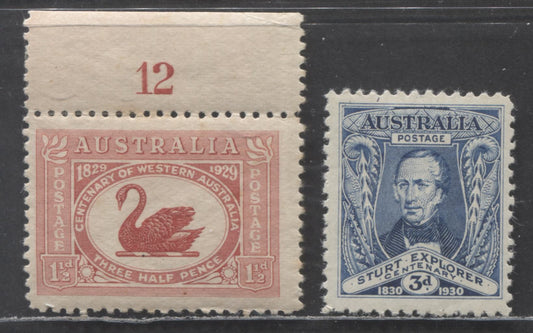 Lot 94 Australia SG#103/105 1929-1930 WA Centenary & Charles Sturt Issues, 1.5d Dull Red & 3d Blue, 2 FNH/OG Singles, Click on Listing to See ALL Pictures, 2022 Scott Classic Cat. $11.25 USD