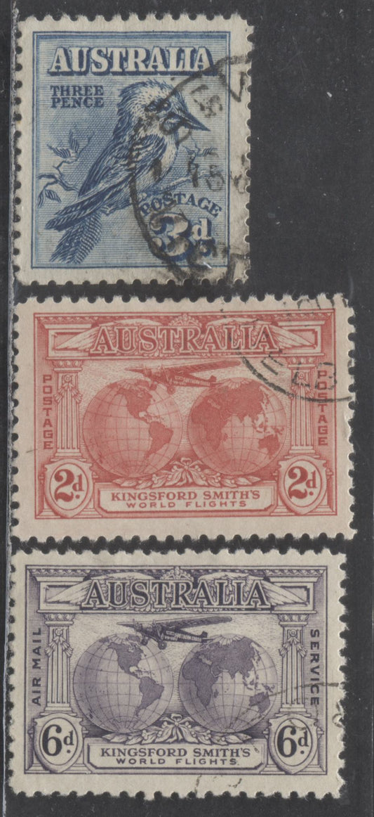 Lot 95 Australia SG#95/C2 1927-1931 Melbourne Exhibition & Kingsford Smith Issues, 2d Carmine, 3d Blue & 6d Violet, 3 Very Fine Used Singles, Click on Listing to See ALL Pictures, 2022 Scott Classic Cat. $16.5 USD