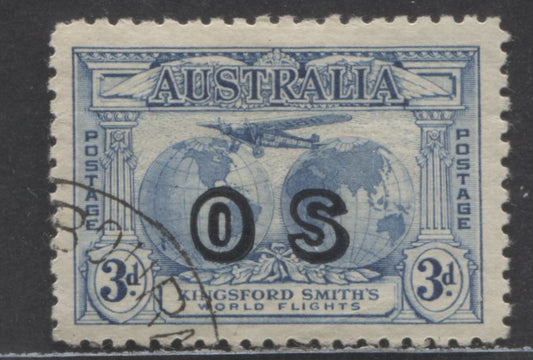 Lot 96 Australia SG#O2 3d Blue 1931 Kingsford Smith Overprint Issue, A Very Fine Used Single, Click on Listing to See ALL Pictures, 2022 Scott Classic Cat. $35 USD