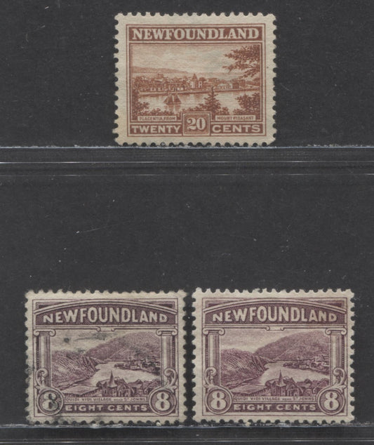 Lot 66 Newfoundland #137, 143 8c,20c Dull Violet, Red Brown Quidi Vidi, Placentia, 1923 - 1924 Pictorial Issue, 3 Very Fine Used Singles Two Shades Of The 8c, One Line & One Comb Perf. 20c Is Comb