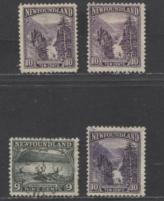 Lot 67 Newfoundland #138, 139, 139b 9c, 10c Slate Green, Violet Caribou Crossing, Humber River Canyon, 1923 - 1924 Pictorial Issue, 4 Fine Used Singles Two Shades Of Violet Plus Purple Shade On 10c