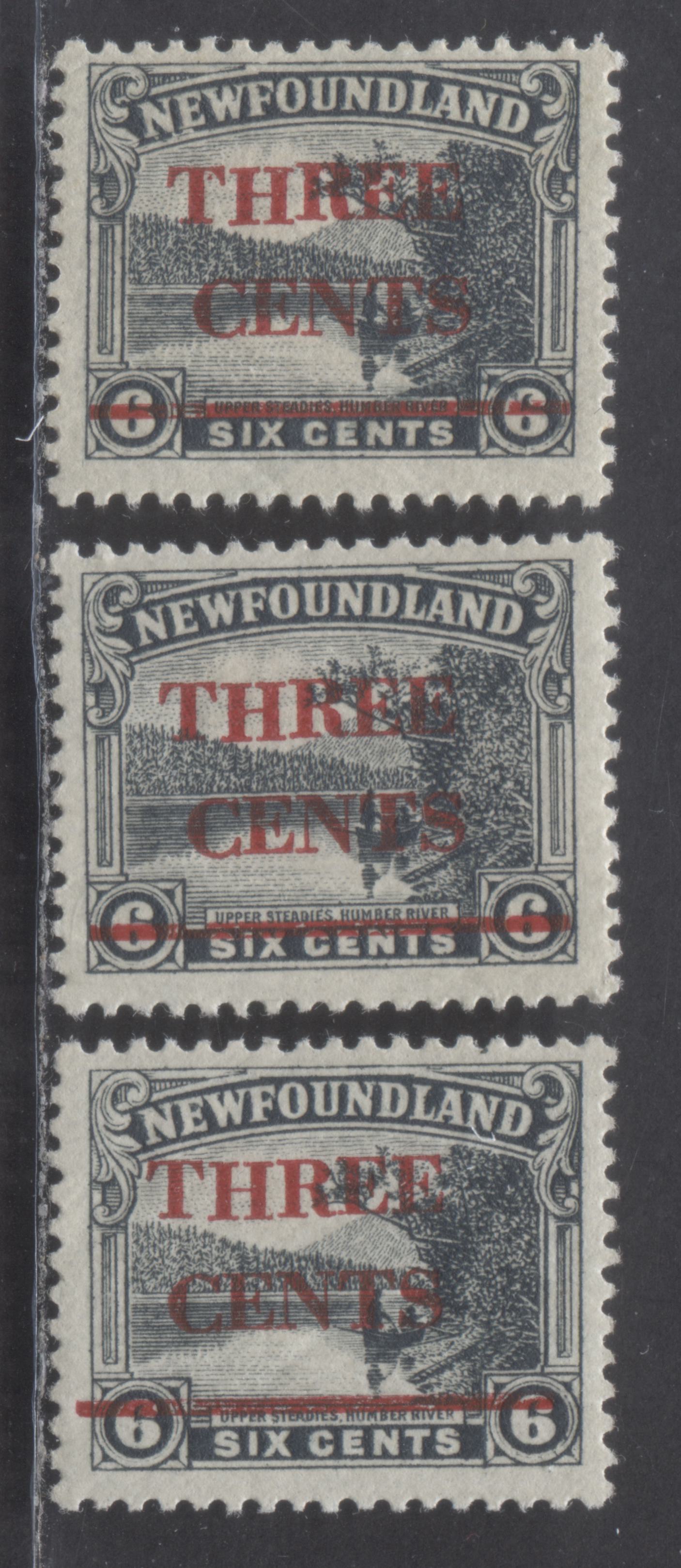 Lot 68 Newfoundland #160 3c On 6c Grey Black Humber River, 1929 Surcharge On 136 Issue, 3 FOG Singles Overprint Varieties