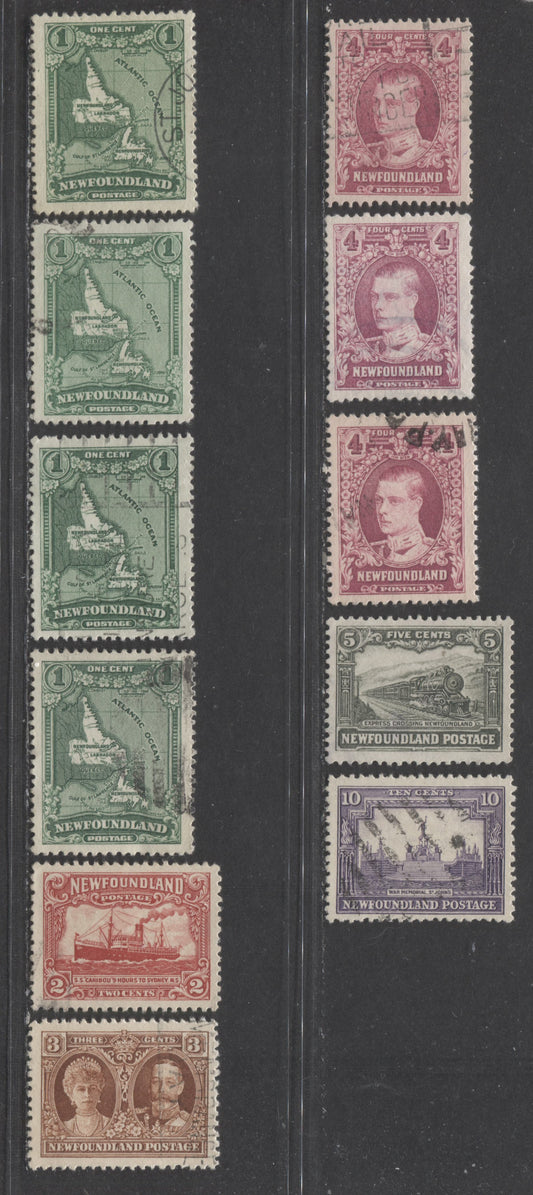 Lot 73 Newfoundland #163 - 167, 169 1c - 5c, 10c Map - Express Train, War Memorial, 1929 - 1931 Pictorial Issue 2, 11 Very Fine Used Singles Includes Many Unlisted Shades