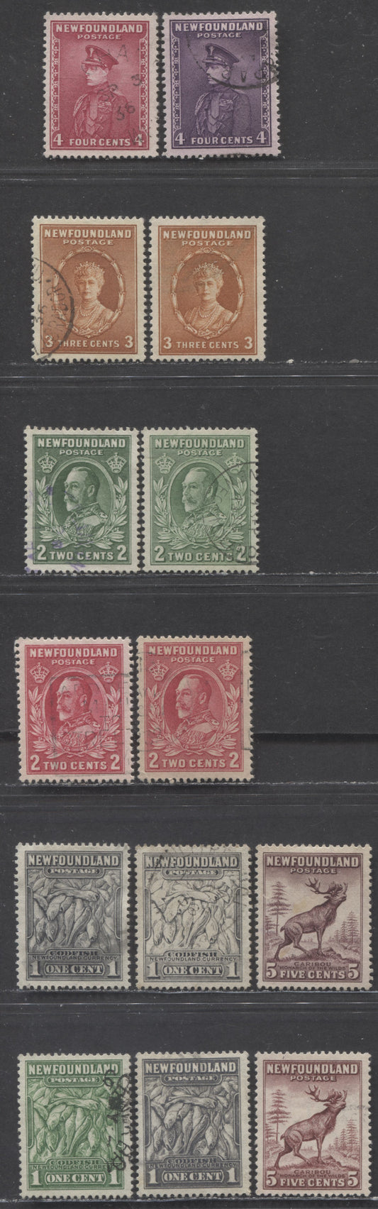 Lot 81 Newfoundland #183-190 1c-5c Green/Violet Brown Codfish/Caribou, 1932-1937 Perkins Bacon Definitives, 14 Very Fine Used Singles Includes Extra Shades Of 5c & Die 2