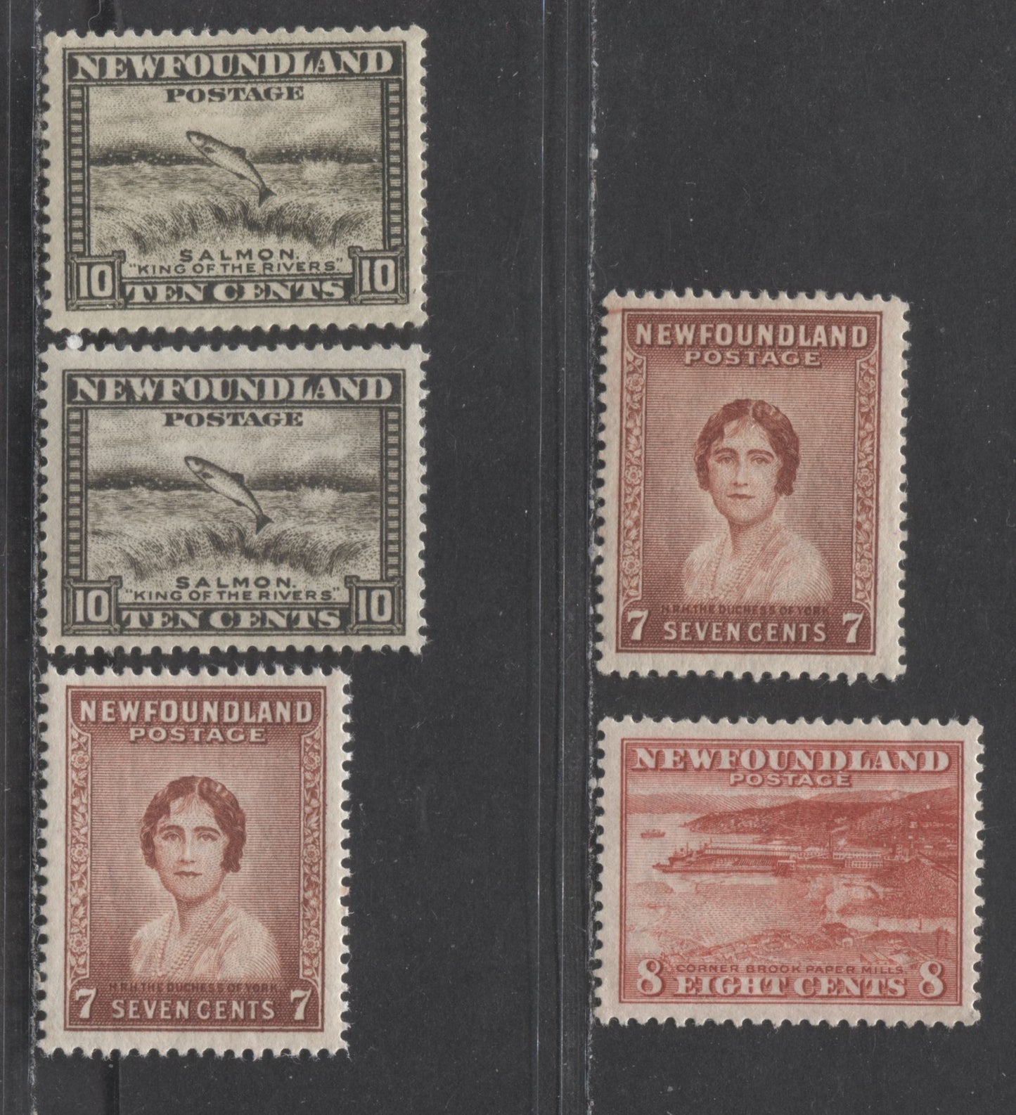 Lot 84 Newfoundland #193, 208-209 10c, 7c & 8c Olive Black, Red Brown & Orange Red Salmon Leaping, Duchess York & Corner Brook Paper Mill, 1932-1937 Perkins Bacon Definitives, 5 VFNH/OG Singles With Additional Shades Of 10c & 7c