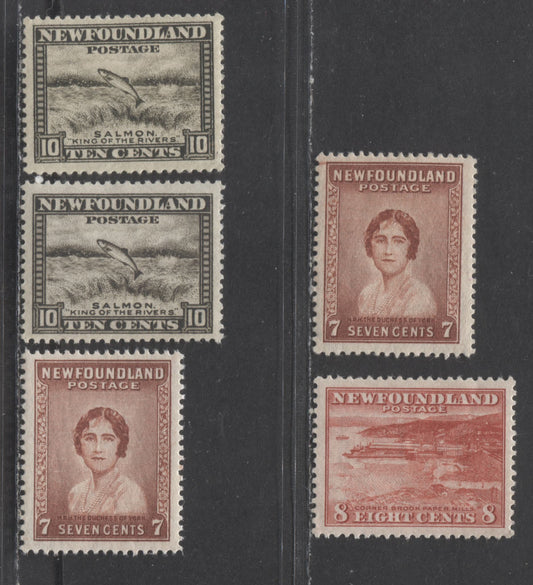 Lot 84 Newfoundland #193, 208-209 10c, 7c & 8c Olive Black, Red Brown & Orange Red Salmon Leaping, Duchess York & Corner Brook Paper Mill, 1932-1937 Perkins Bacon Definitives, 5 VFNH/OG Singles With Additional Shades Of 10c & 7c