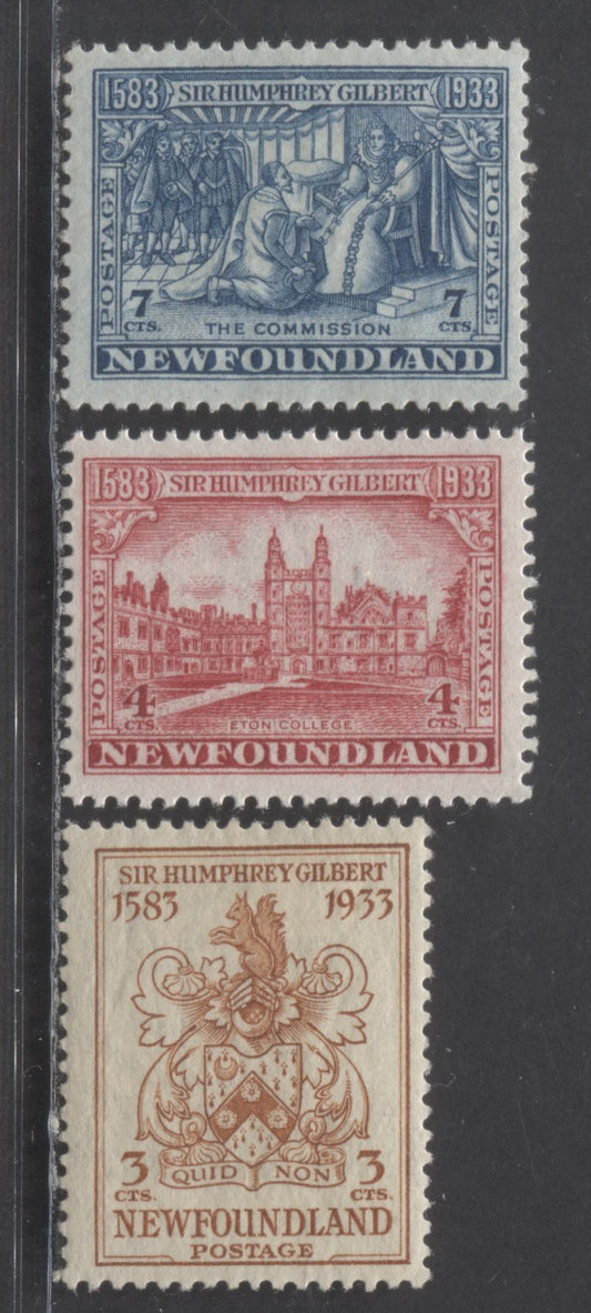 Lot 88 Newfoundland #214-215, 217 3c, 4c & 7c Yellow Brown, Carmine & Blue Gilbert Coat-of-Arms, Eton College & Gilbert Receiving Royal Patents, 1933 Humphrey Gilbert Issue, 3 FNH/OG Singles