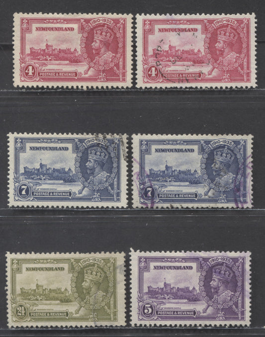 Lot 90 Newfoundland #226-229 4c-24c Bright Rose-Olive Green King George V & Windsor Castle, 1935 Silver Jubilee Issue, 6 F/VFOG Singles Includes Shades Of 4c & 7c