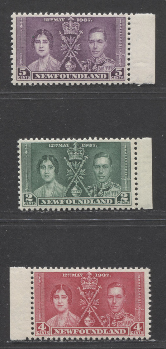 Lot 91 Newfoundland #230-232 2c-5c Deep Green-Dark Violet Queen Elizabeth & King George VI, 1937 Coronation Omnibus Issue, 3 F/VFNH Singles