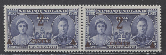 Lot 92 Newfoundland #250var 2c on 5c Violet Blue Surcharged In Brown Queen Elizabeth & King George VI, 1939 Royal Visit Surcharge Issue, A VFNH Pair With Staggered Surcharge