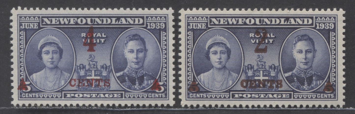 Lot 93 Newfoundland #250-251var 2c/4c on 5c Violet Blue Surcharges Queen Elizabeth & King George VI, 1939 Royal Visit Surcharge Issue, VFNH Examples Showing Unlisted Varieties