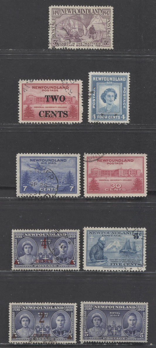 Lot 95 Newfoundland #249-252, 267-270 5c/2c on 30c Violet Blue/Carmine Queen Elizabeth & King George VI/Memorial University & Cabot On The Matthew, 1939/1947 Royal Visit, Surcharged, University, Birthday & Cabot Issues, 9 Very Fine Used Singles