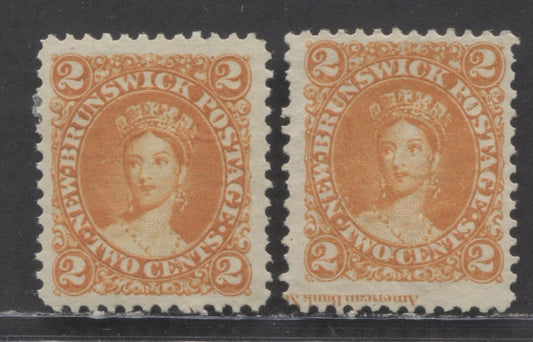 Lot 97 New Brunswick #7,b 2c Orange Queen Victoria, 1860 Cents Issue, 2 Very Good/Fine Unused Singles With Perf 12 x 11.75, One With Imprint, Both With No Gum
