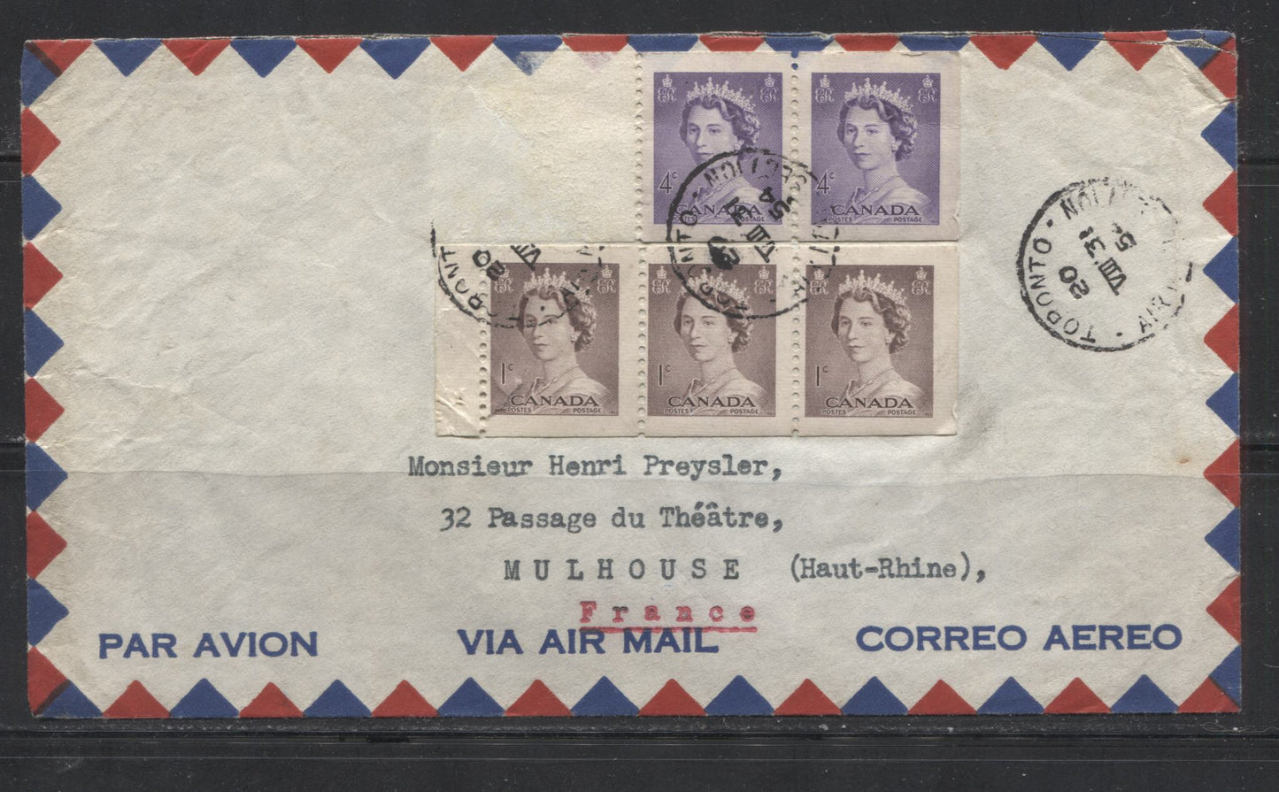 Canada #325a/364 1c Violet Brown - 5c Olive Grey and Vermilion, Queen Elizabeth & House on Fire, 1953-54 Karsh, 1954-62 Wilding & 1956 Fire Prevention Issue, Three 15c Airmail Covers to France All Sent Between 1954 and 1956, Interesting Frankings