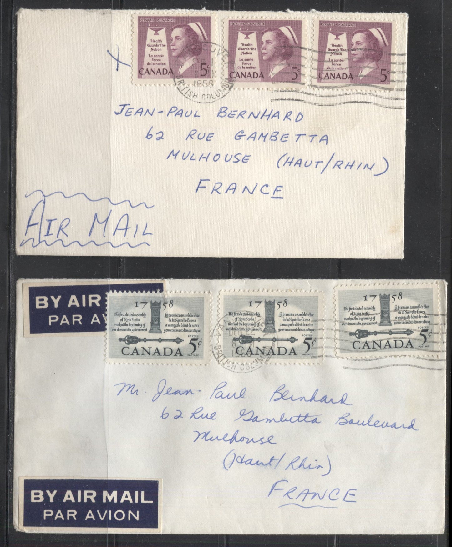 Canada #380, 382 5c Rose Purple & Greenish Black Nursing & Elected Assembly, 1958 Commemoratives, Three 15c Airmail Covers to France, All Paid With these Two Issues