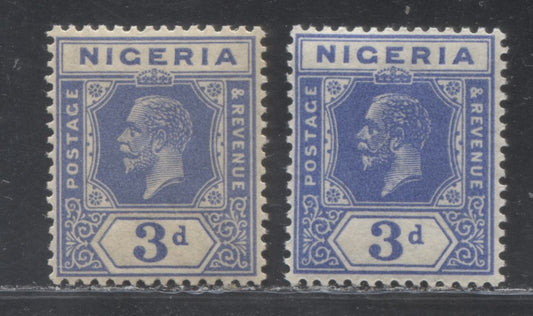 Nigeria SG#23 3d Bright Blue And Dull Blue King George V Issue 1921-1934 De La Rue Imperium Keyplate Design, Two VF Examples Of Different Shades
