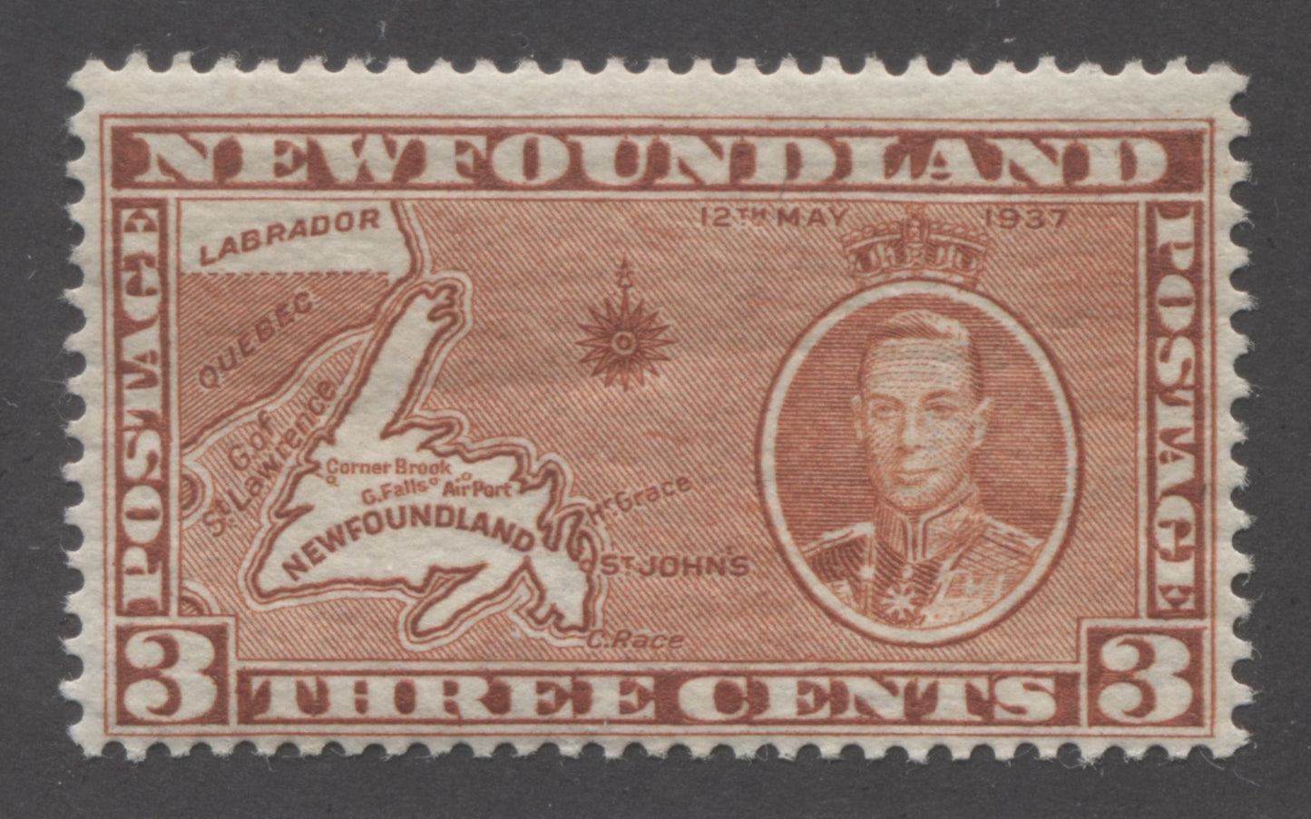 Newfoundland #234h 3c Orange Brown Newfoundland Map, Die 2, 1937 Long Coronation Issue, A Fine Mint NH Example With Re-Entry in "NTS" of Cents, Comb Perf. 13.4