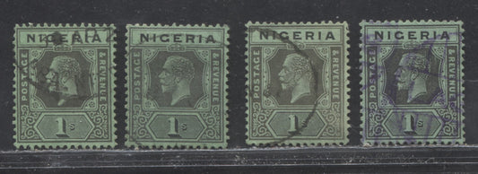 Nigeria SG#26 1/- Black On Green King George V Issue 1921-1934 De La Rue Imperium Keyplate Design, Four VF CDS Cancels Of Various Shades