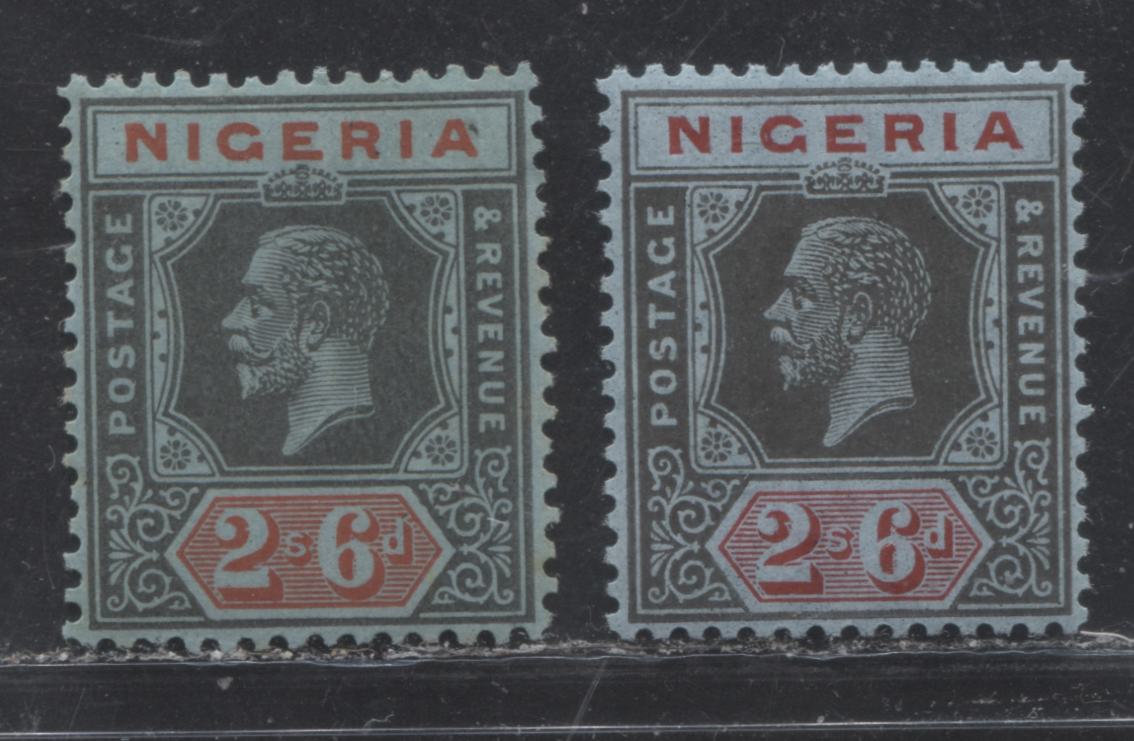 Nigeria SG#27 2/6d Gray Black And Scarlet On Prussian Blue And Gray Black And Carmine On Gray Blue King George V Issue 1921-1934 De La Rue Imperium Keyplate Design, Die 2. Two VF Examples