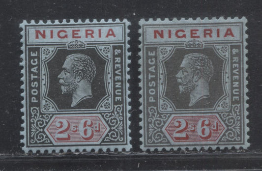 Nigeria SG#27 2/6d Black And Carmine On Gray Blue And Deep Gray And Carmine On Gray Blue King George V Issue 1921-1934 De La Rue Imperium Keyplate Design, Die 2. Two VF Examples