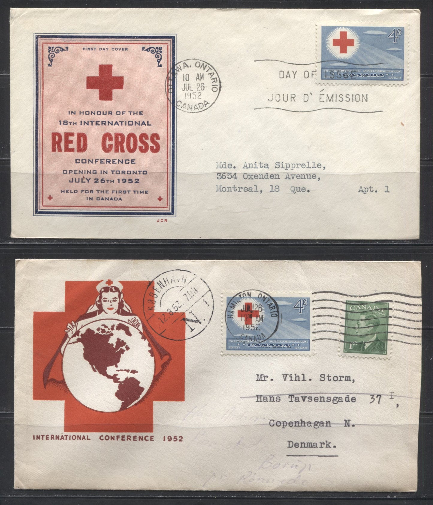 1952 Red Cross Conference - Two First Day Covers, Including one Sent Surface to Denmark