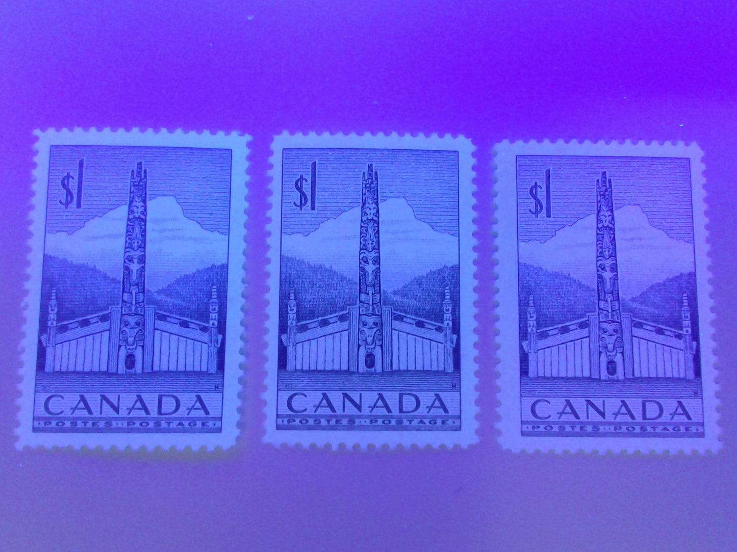 Canada #321 $1 Deep Grey Pacific Coast Totem Pole, 1953-1962 Karsh and Wilding Issue, Very Fine CDS Used Block of 4, DF Gr Ribbed Paper, Perf 12