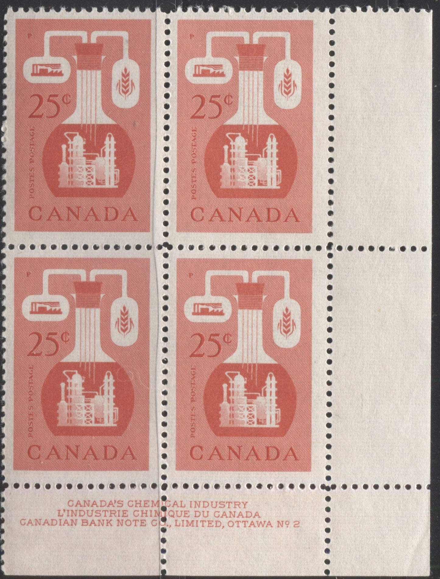 Canada #363 25c Bright Vermilion Chemical Industry, 1954-67 Wilding and Cameo Issue, a FNH Lower Right Plate 2 Block on Dull Fluorescent Greyish White Ribbed Paper, Perf. 11.9 x 11.95