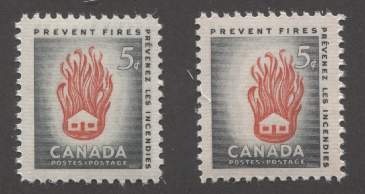 Canada #364 5c Grey and Red House On Fire, 1956 Fire Prevention Week, A VFNH Example With Dramatic Shift of the Vignette