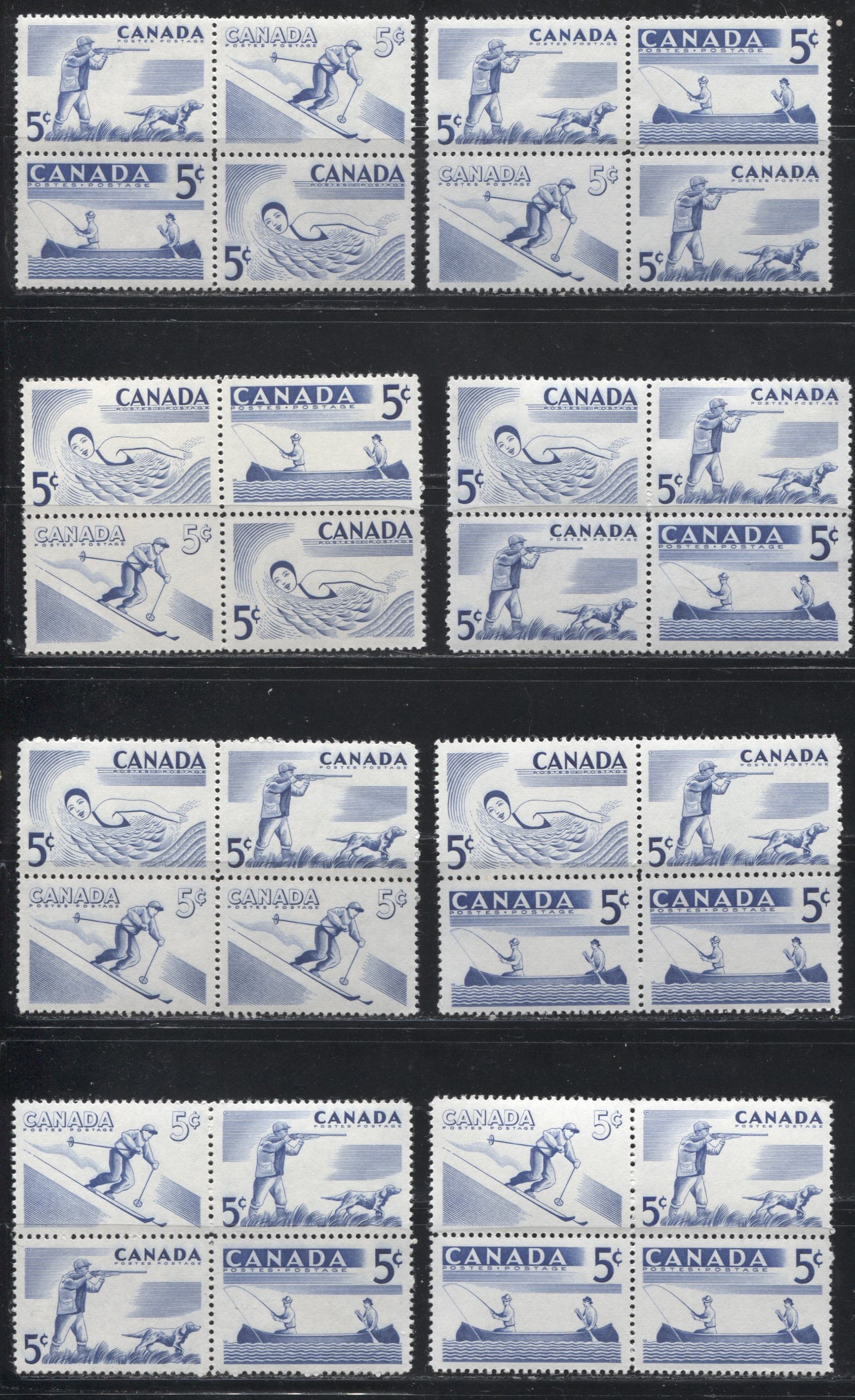 Canada #368a (SG#491a) 5c Ultramarine 1957 Recreational Sports Issue Set Of 14 Blocks Comprising All Possible Stamp Combinations All VFNH