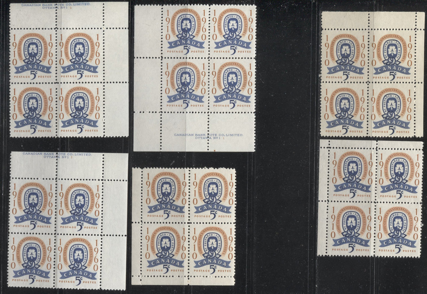 Canada #389 5c Golden Brown and Deep Ultramarine 1960 50th Anniversary of Girl Guides Issue,  A Group of 8 VFNH Field Stock and Plate Blocks, All Different With Respect to Paper, Shade, Position or Perf.
