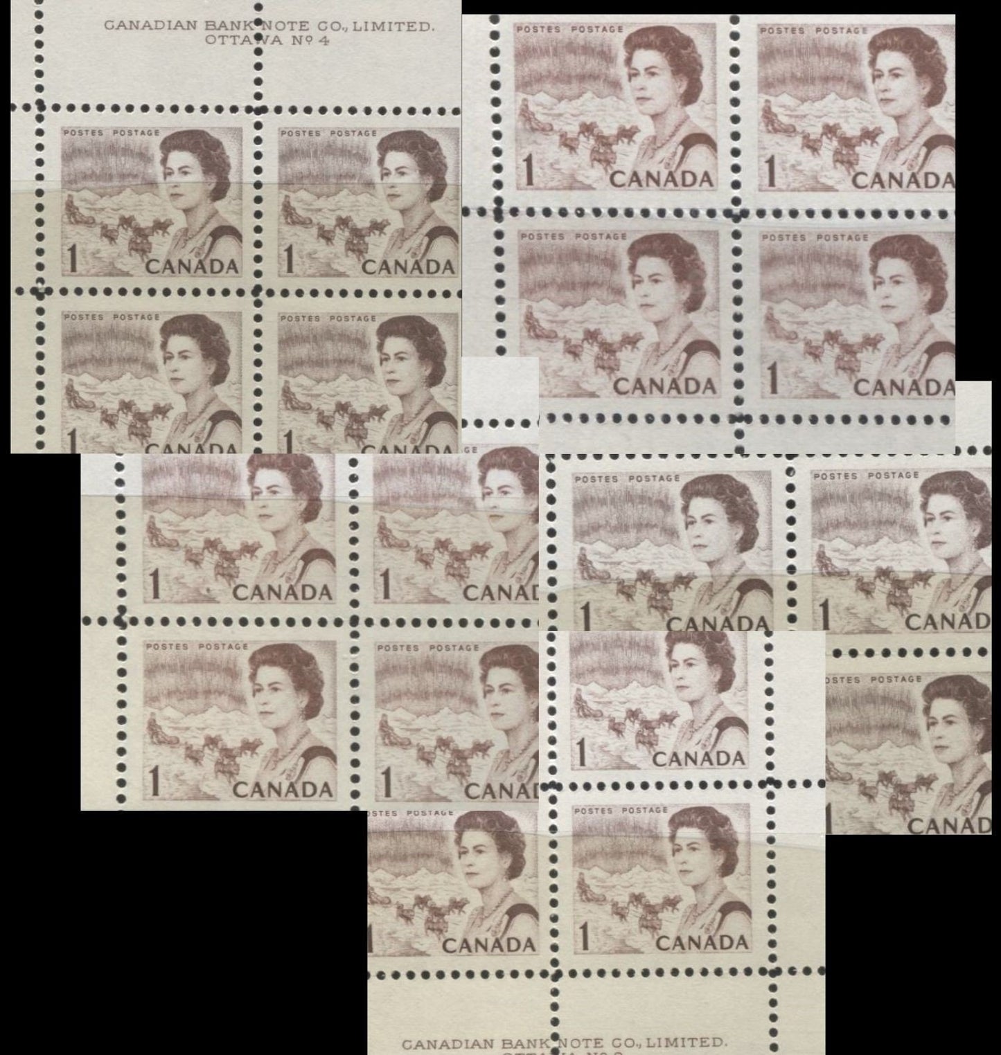 Lot #125 Canada #454p 1c Deep Brown & Violet Brown, Northern Lights and Dogsled Team, 1967-1973 Centennial Issue, A Specialized Lot of 7 W2B Lower Right Corner Blocks on Different DF Papers, With Different Gums, From Different Panes