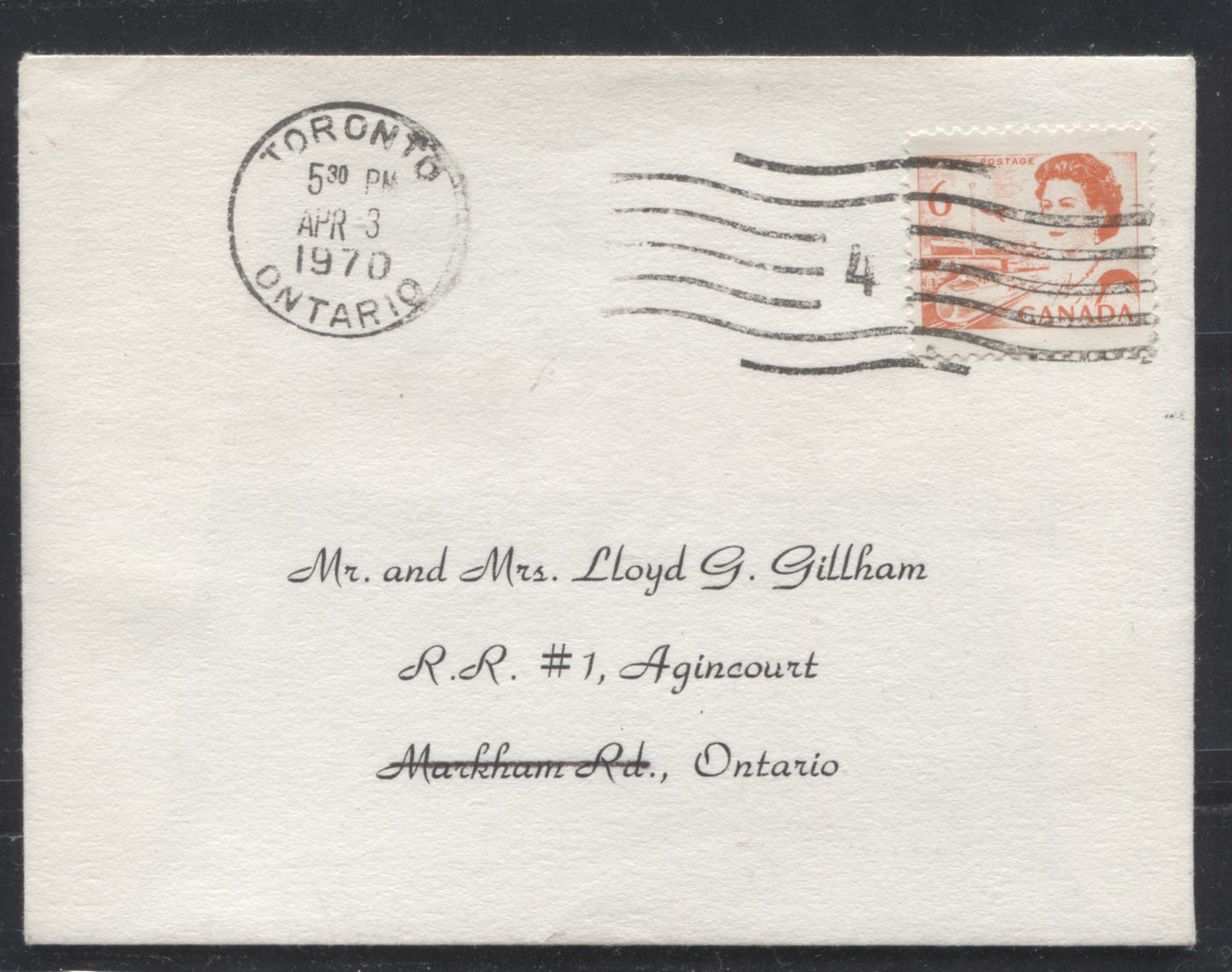 Canada #459bF 6c Orange Transportation, 1967-1973 Centennial Definitive Issue, The Earliest Known On Cover Use of the Lithographed Forgery