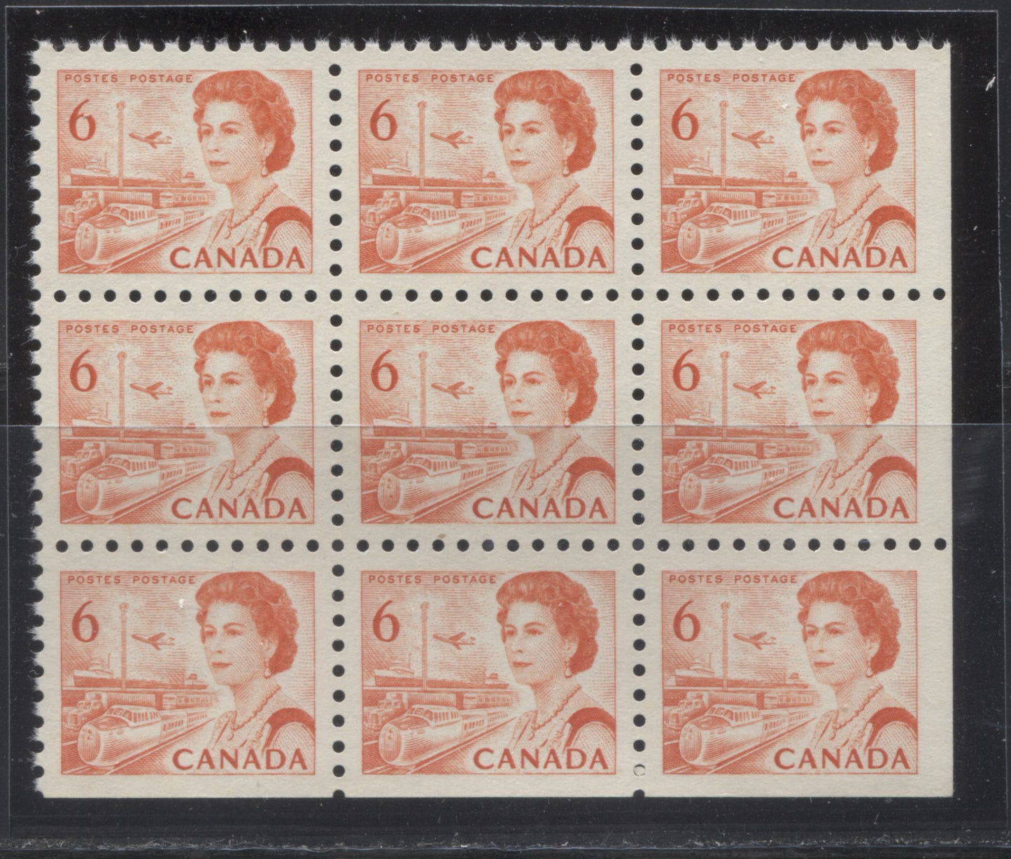 Canada #459ii 6c Orange Transportation, 1967-1973 Centennial Definitive Issue, A VFNH Positional LR Block of 9 With Fluorescent Ink, Showing the Extra Train Light